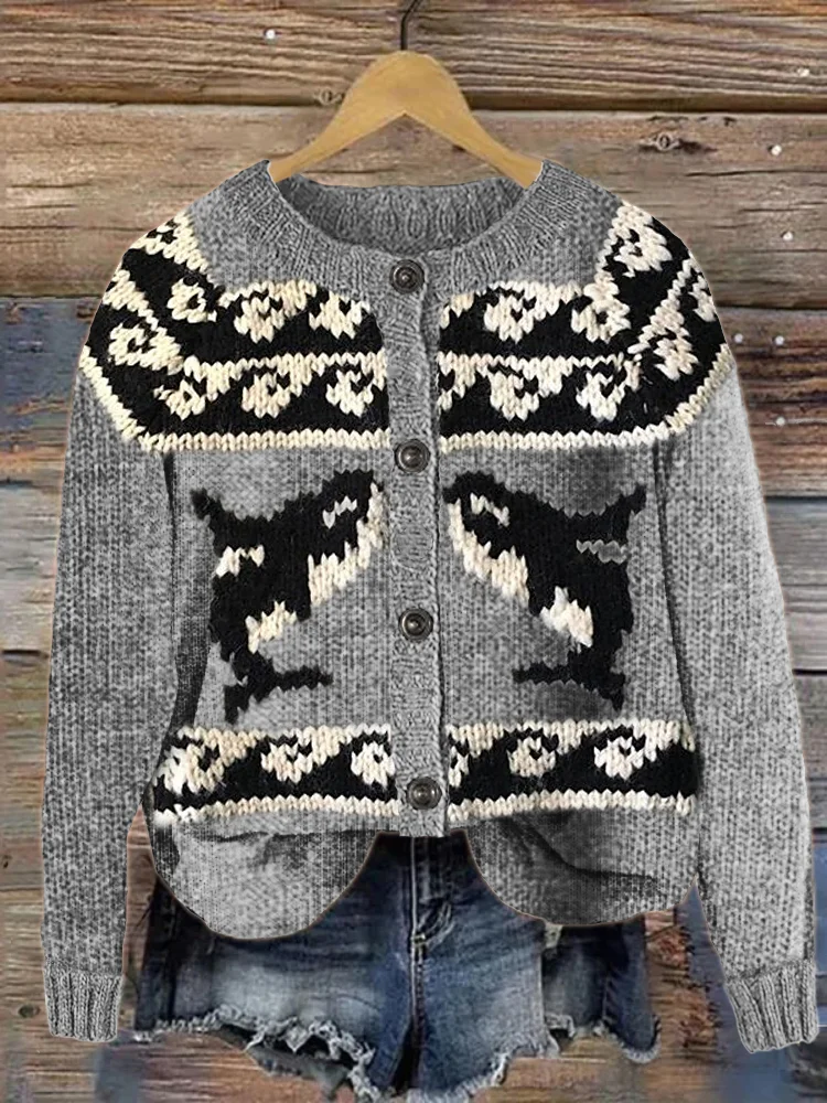 Vintage Killer Whale Waves Inspired Cozy Knit Cardigan