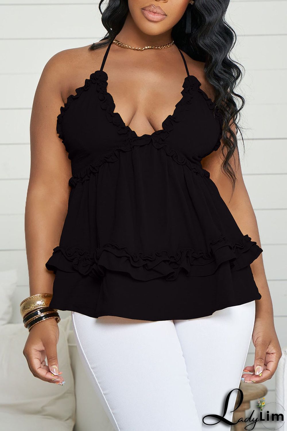 Black Celebrities Solid Patchwork Spaghetti Strap Tops