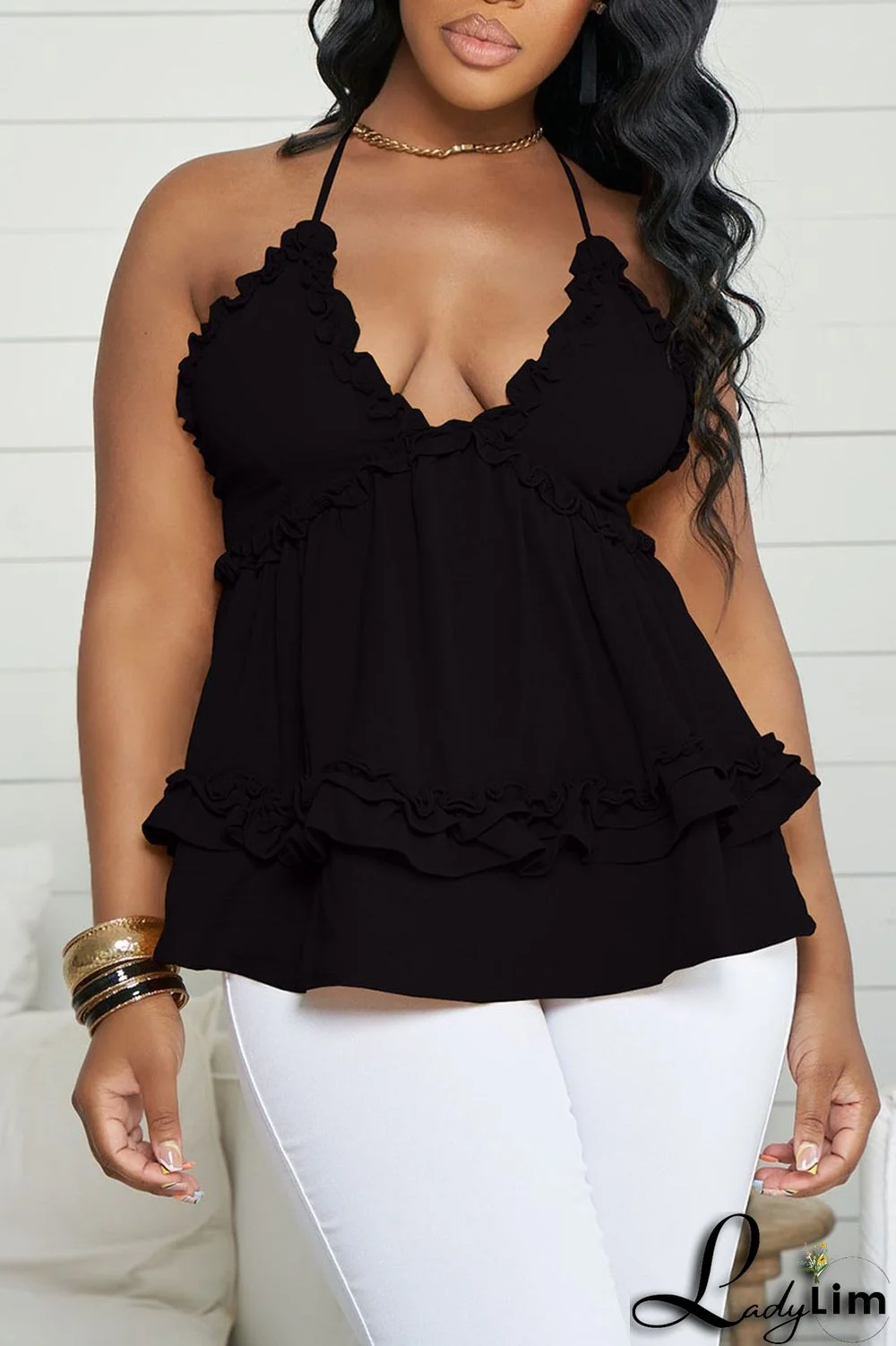 Black Celebrities Solid Patchwork Spaghetti Strap Tops