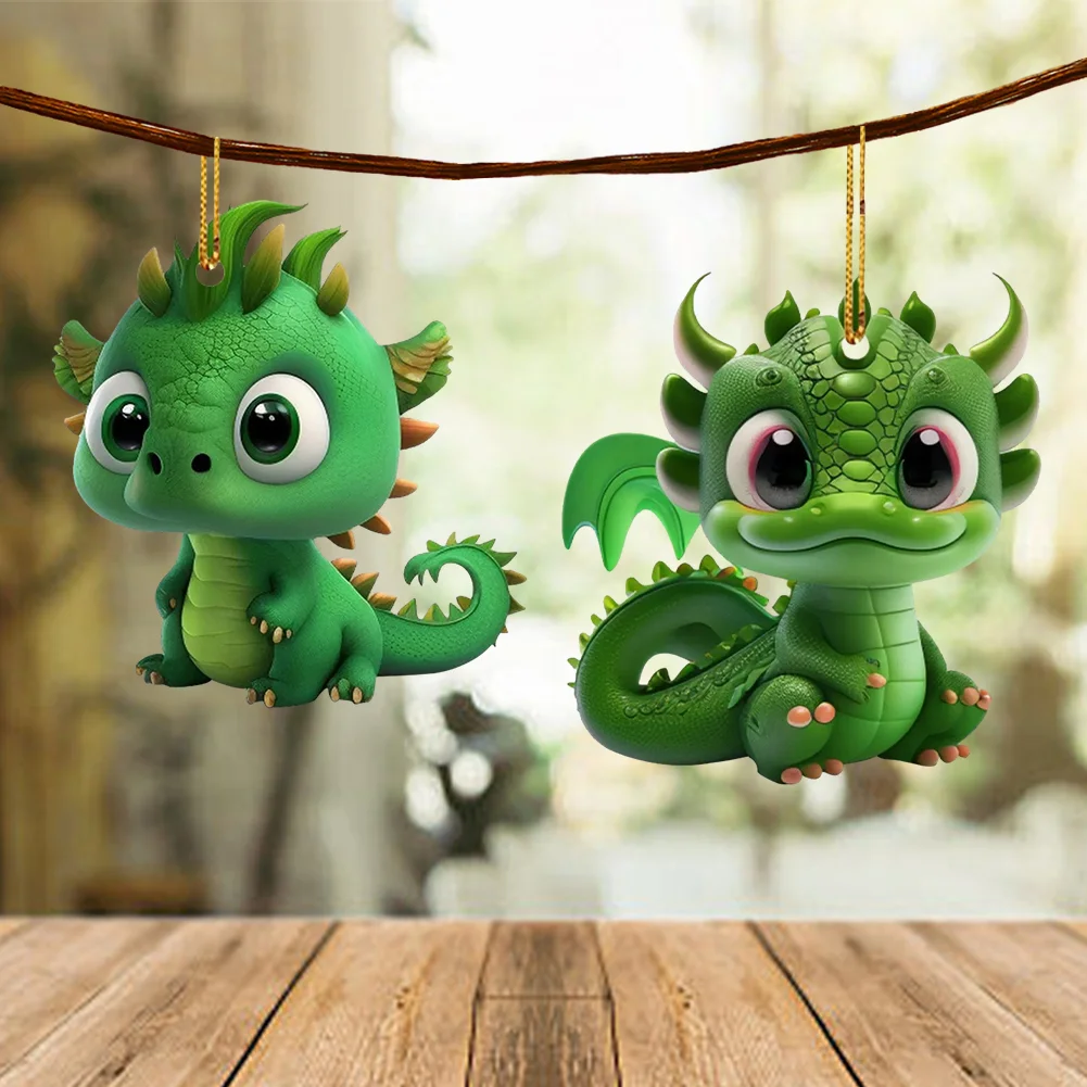 2 PCS Acrylic Cute Green Dragon 2D Flat Dinosaur Christmas Tree Car Decoration