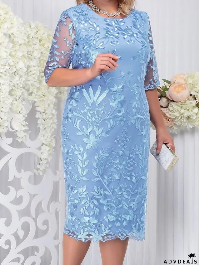 Women's Lace Dress Plus Size Curve Party Dress Floral Crew Neck Half Sleeve Fall Spring Elegant Prom Dress Midi Dress Formal Party Dress