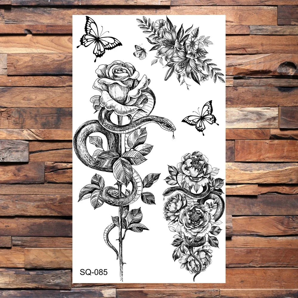 Skeleton Skull Temporary Tattoos For Women Adults Realistic Wolf Snake Rose Flower Feather Fake Tattoo Sticker Back Tatoos Body