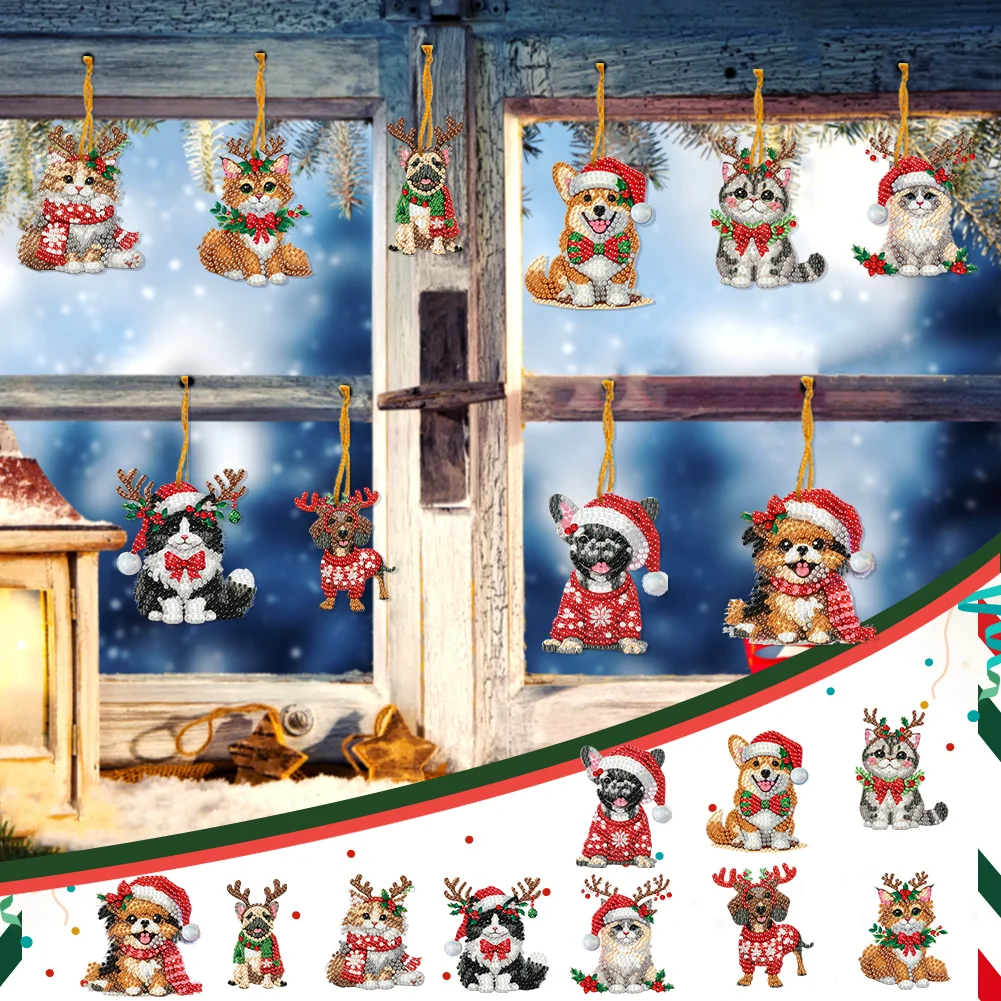 10Pcs Christmas Cats Dogs Diamond Painting Christmas Tree Pendant 