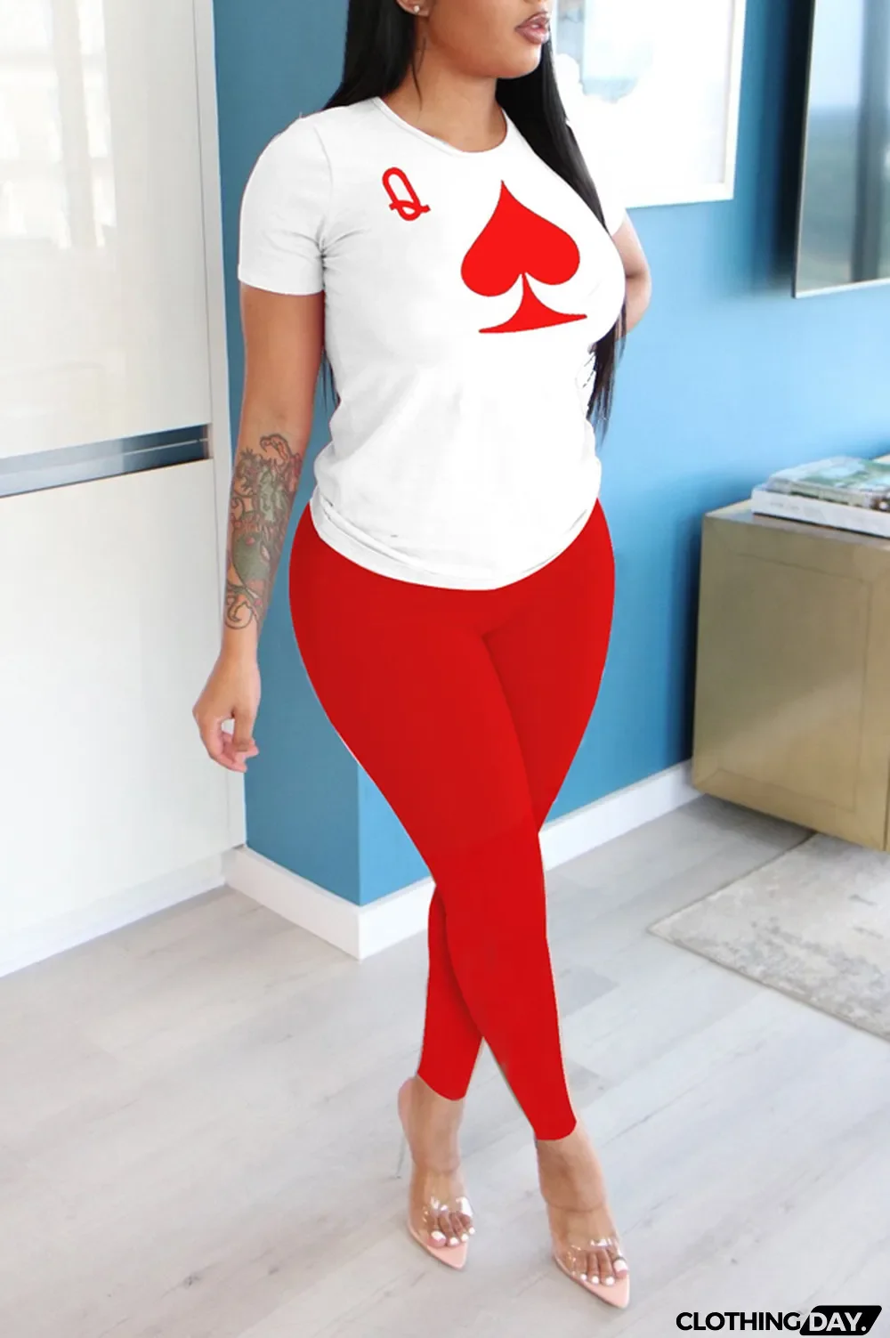 Pink Polyester Street Letter Print Straight Short Sleeve Two Pieces