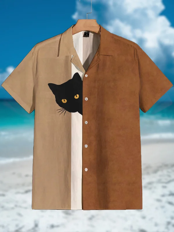 Men's Fun Hide And Seek Black Cat Print Shirt