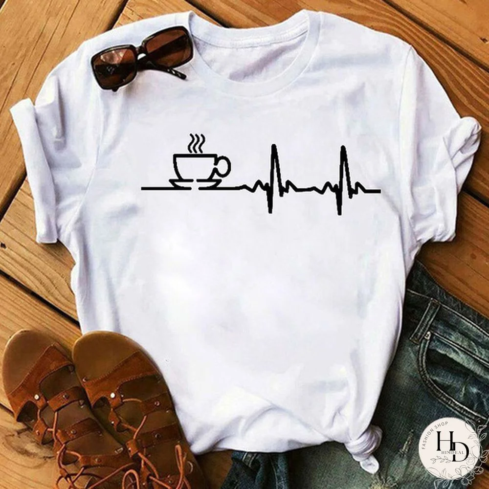 Coffee Line Printed Tops Women Casual Tops Female Ladies Cute Graphic Tee Shirts Harajuku Woman T-shirt Black Tee Tops Clothing