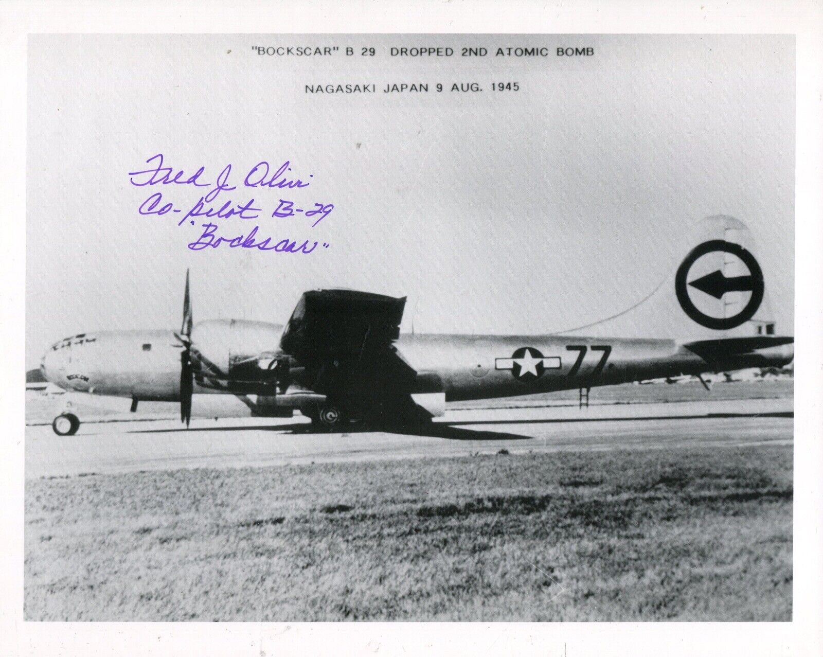 WW2 Nagasaki bomber ‘Bockscar’ co-pilot Fred Olivi signed Photo Poster painting - UACC DEALER