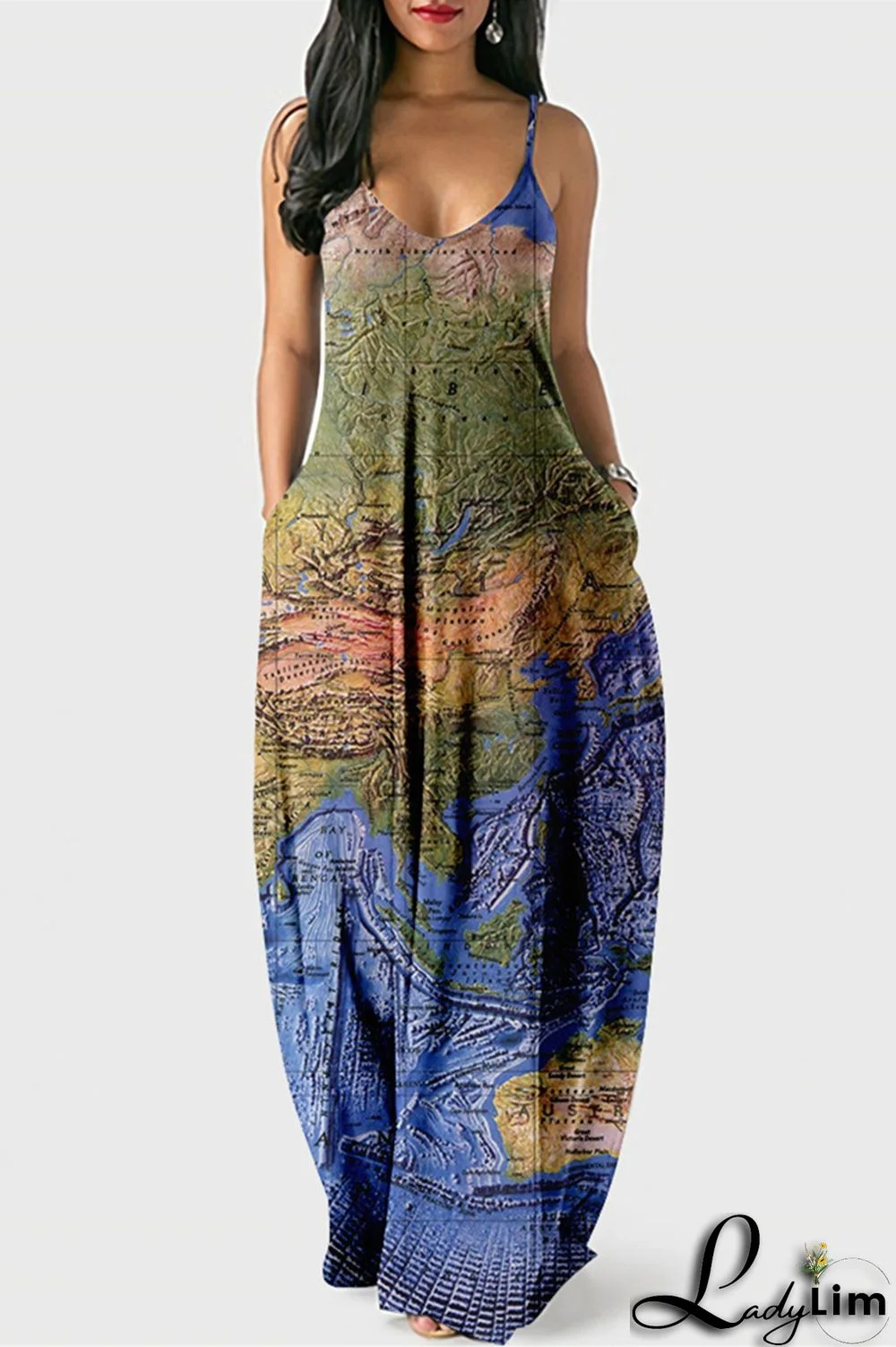 White Blue Fashion Sexy Print Backless Spaghetti Strap Long Dress