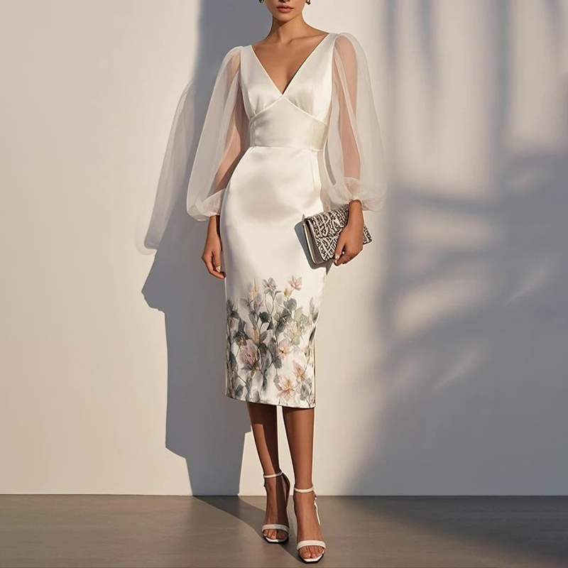 Women's Mesh Spliced ​​v-neck Digital Print Maxi Dress elevenforest