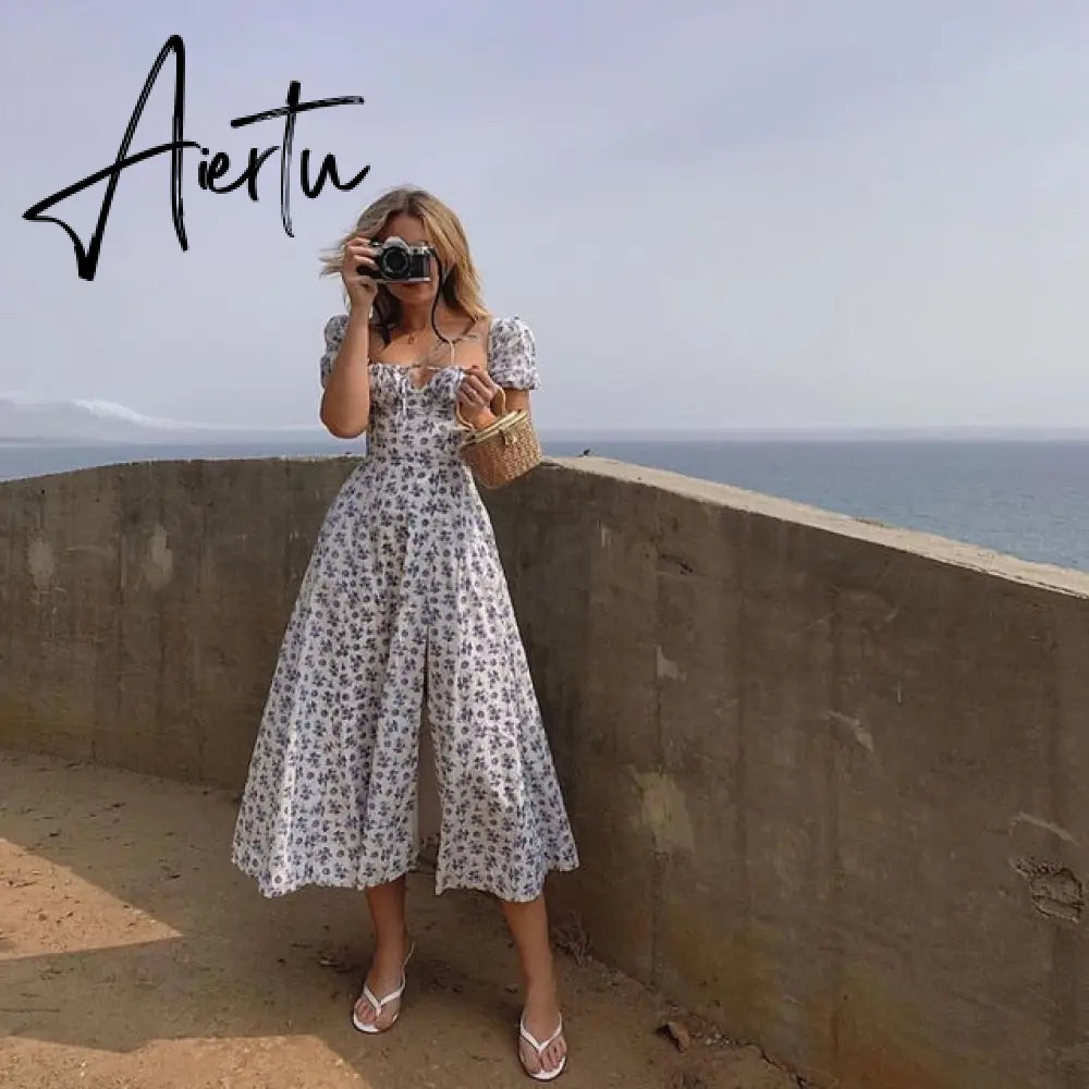 Summer Dress Women Short Puff Sleeve Flroal Printed Ruched Party High Split Long Maxi Dresses Drawstring Sexy Vestidos Sundress Aiertu