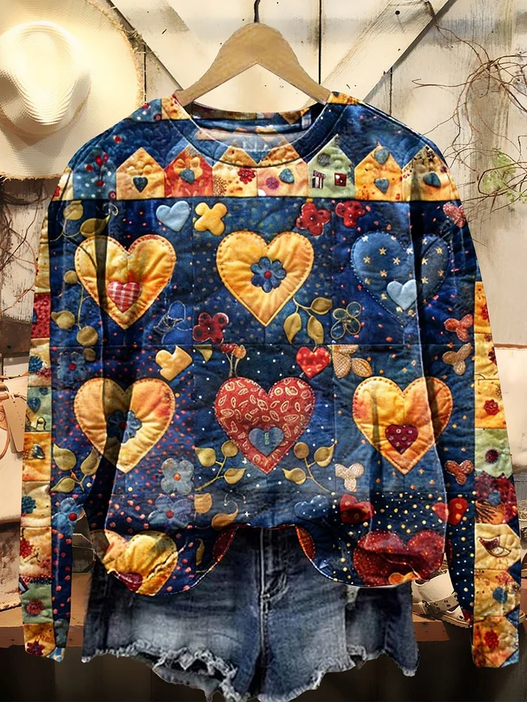 Women's Heart Floral Collage Art Pattern Print Casual Crew Neck Sweatshirt