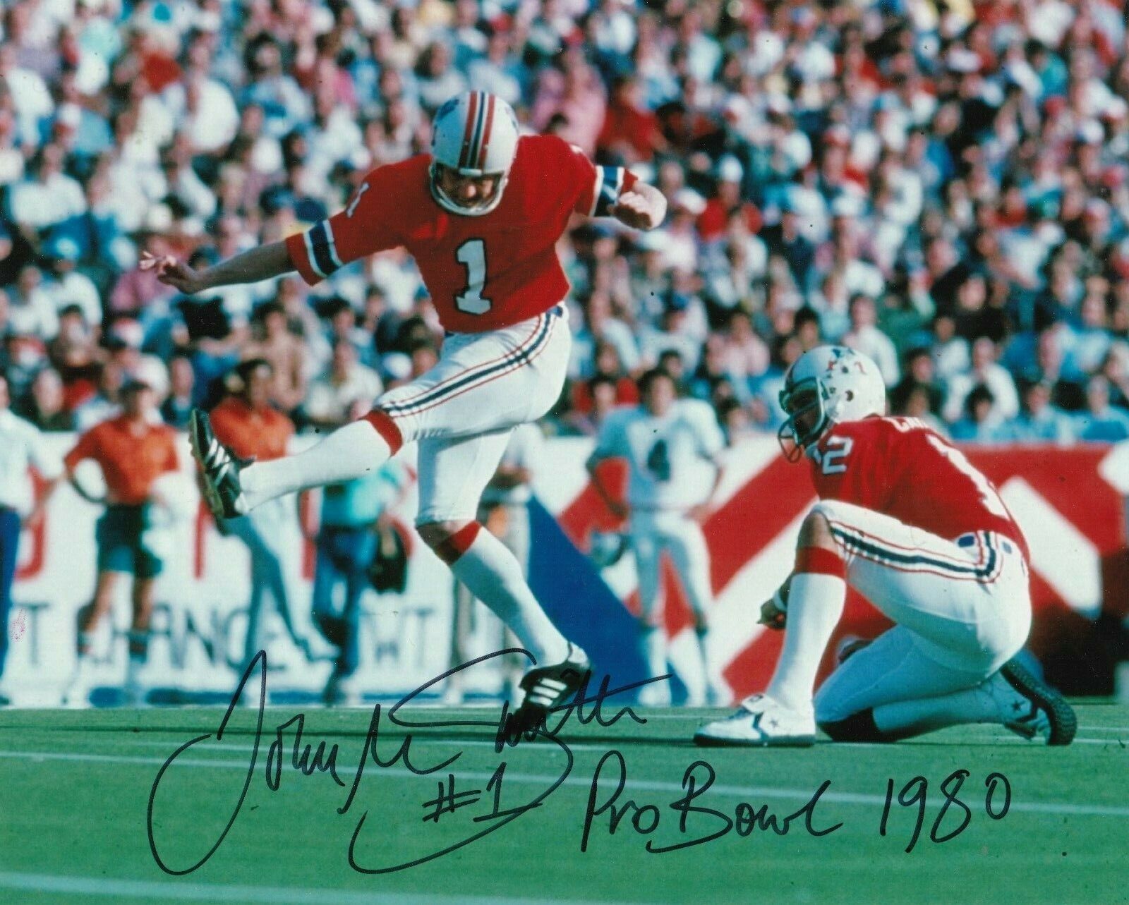 JOHN SMITH NEW ENGLAND PATRIOTS PRO BOWL 1980 ACTION SIGNED 8x10