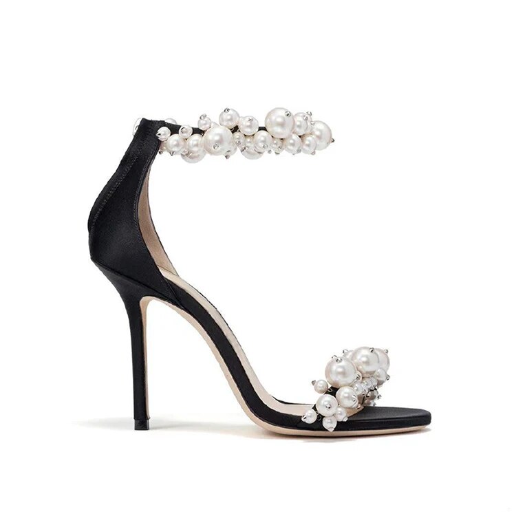 VCSHOES Glossy Pearl One Strap Sandals Female Thin Heels Wedding Shoe Cutout Open Toe Beads High Heels