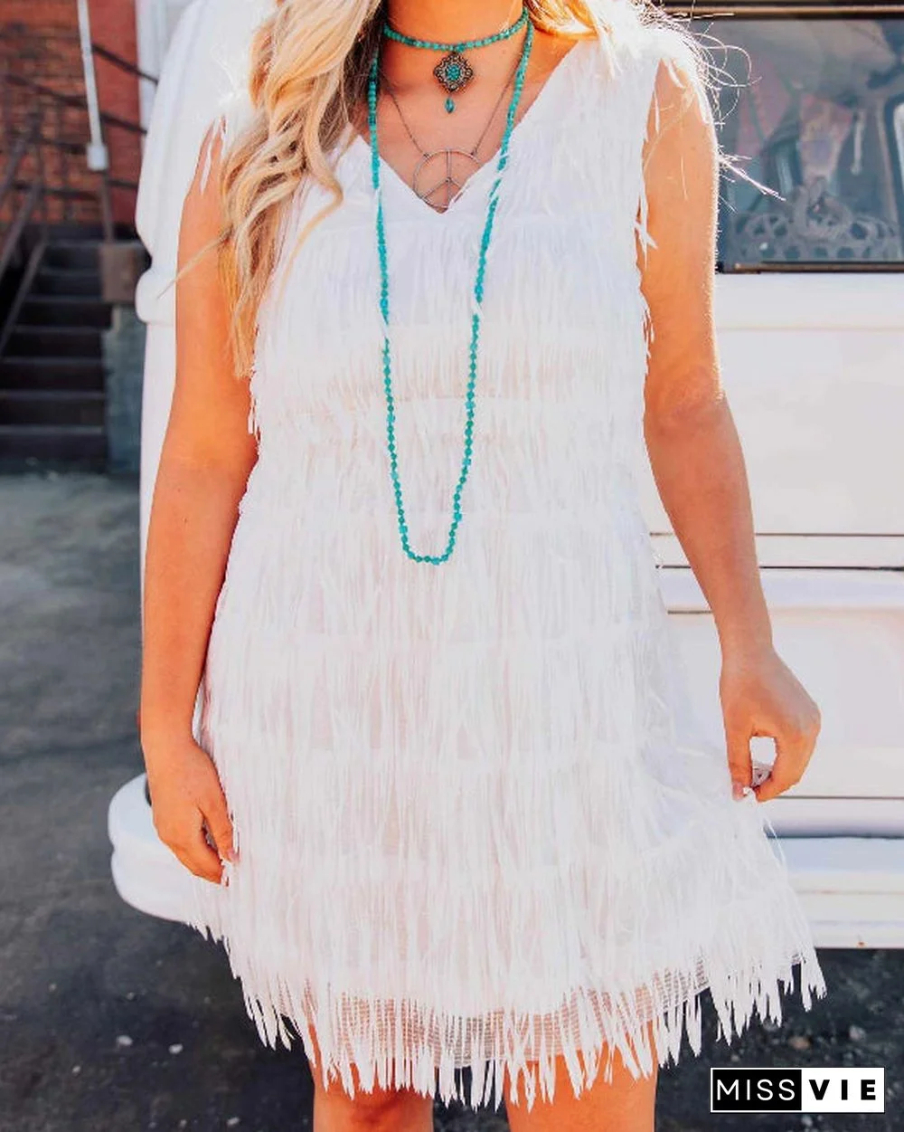 Sleeveless Solid Fringed V-Neck Mini Dress