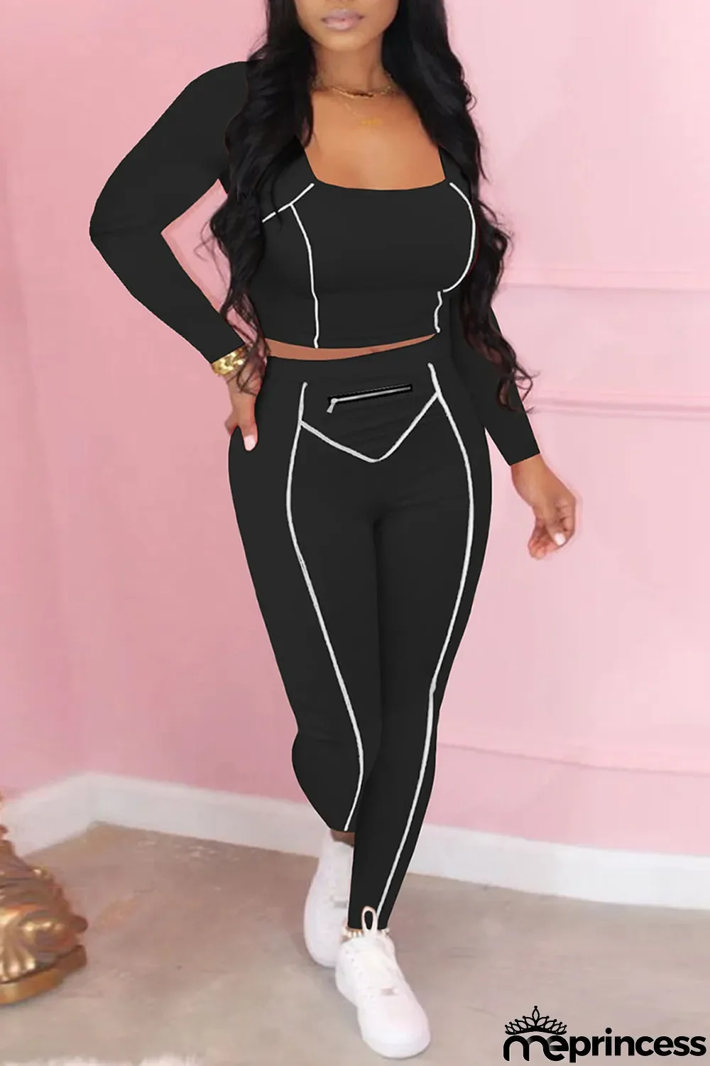 Tangerine Red Casual Solid Split Joint Zipper U Neck Long Sleeve Two Pieces