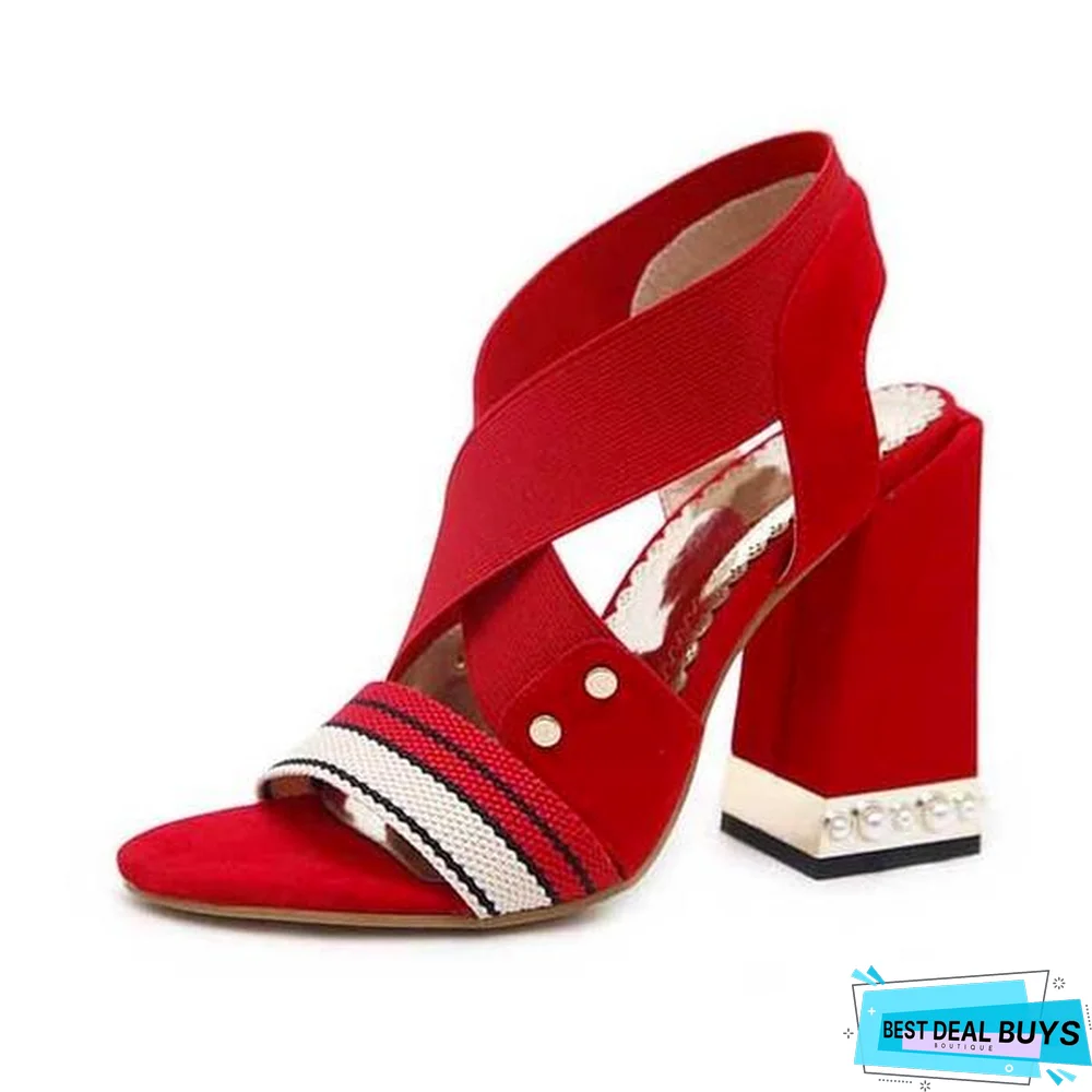 Women Open Toe Flock Sandals Square Heel Pumps Sandals