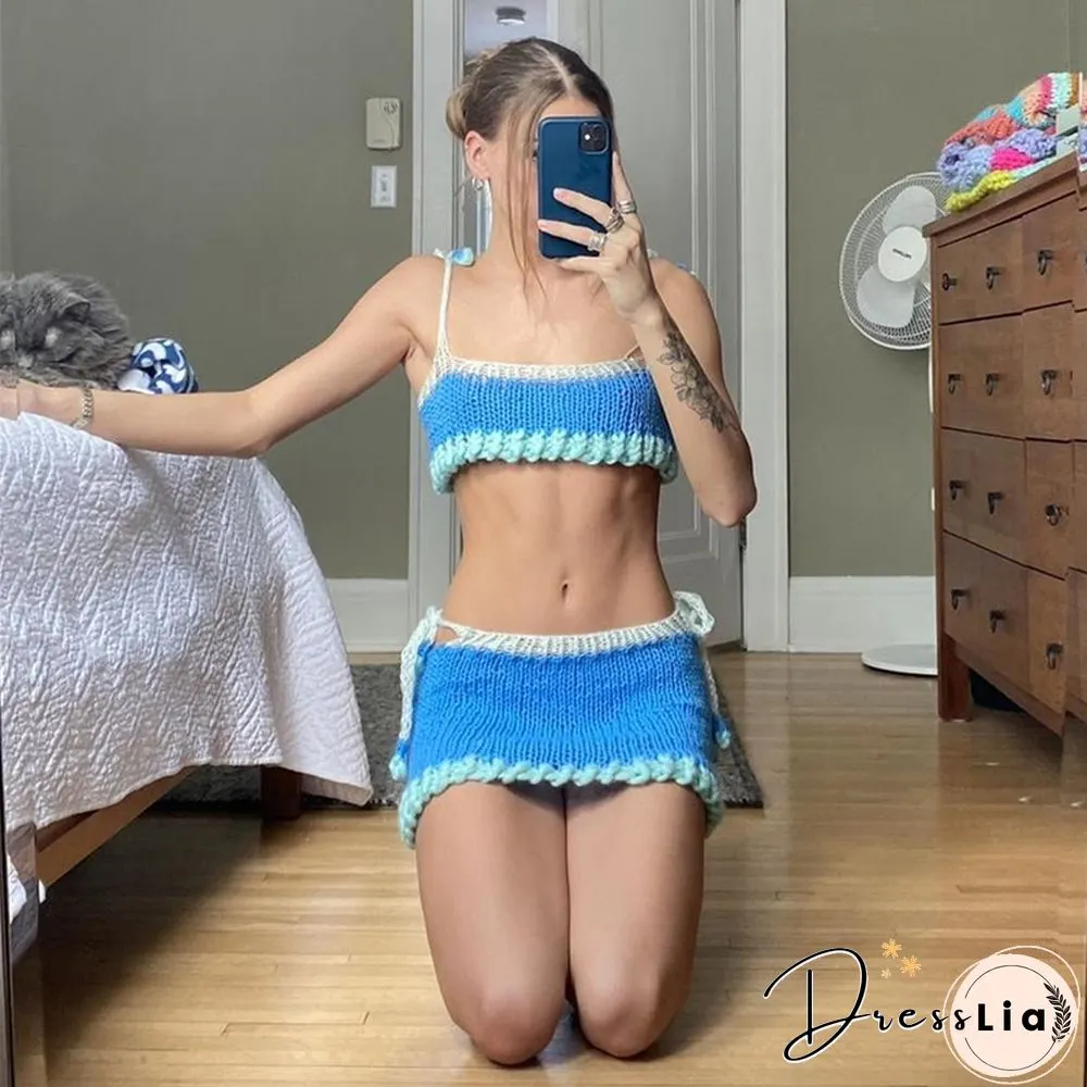 Knitted Set Women Summer Color Block Patchwork Sleeveless Crop Top And Mini Skirt Matching