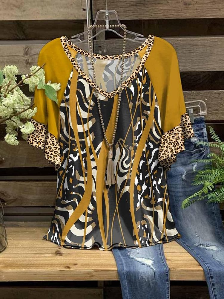 Women's Summer V-Neck Tan Leopard Print Ruffle Sleeve Short Sleeve Top