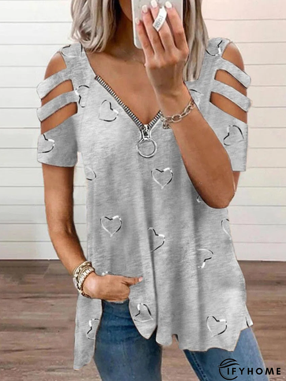 Casual Loosen V Neck Cotton Blend Geometric Tunic T-Shirt | IFYHOME