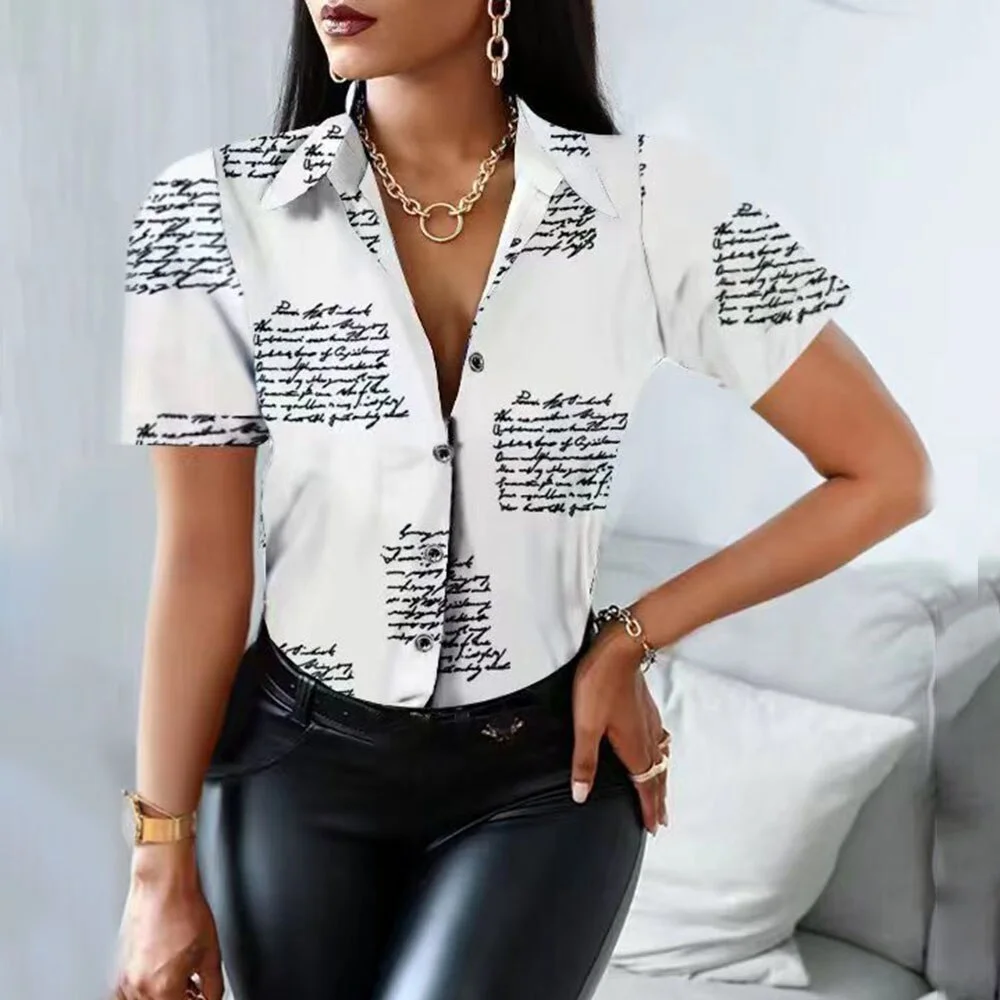 Jangj Blouses Woman Casual Office Print Shirts Summer Fashion Button Short Sleeve White Shirt Elegant Patchwork Slim Tops Women 2022