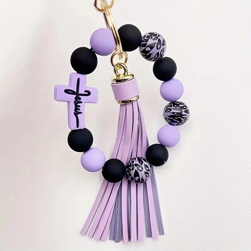 Casual Classic Style Cross Tassel Alloy Wooden Beads Silica Gel Beaded Keychain