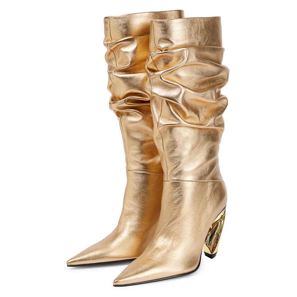 Gold  Closed Toe Knee High Winter Boots With Decorative Heels Nicepairs