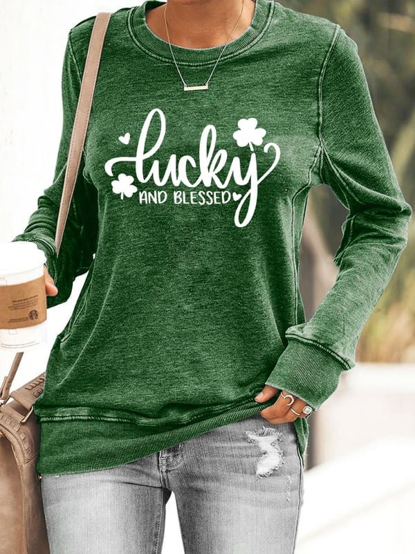 Women's Lucky and Blessed St Patrick's Day Print Casual Sweatshirt