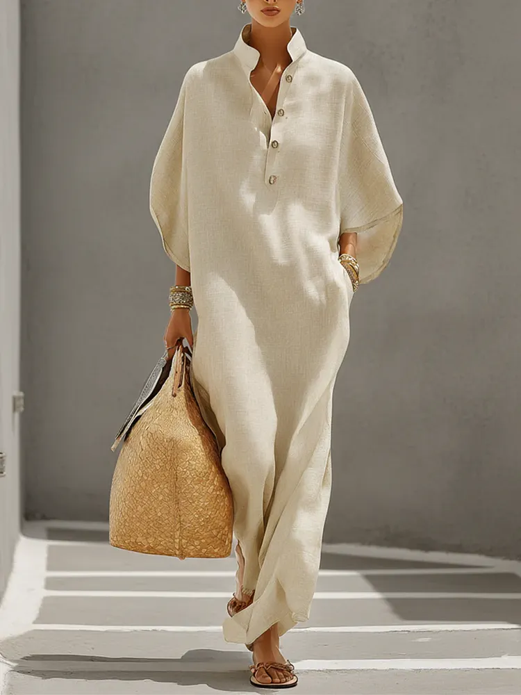 Apricot Stand-up Collar Batwing Sleeve Casual Maxi Dress