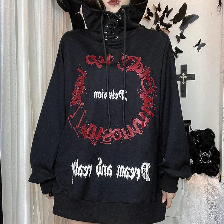 Cool Lace-up Hooded Letter Printed Long Sleeve Hoodie