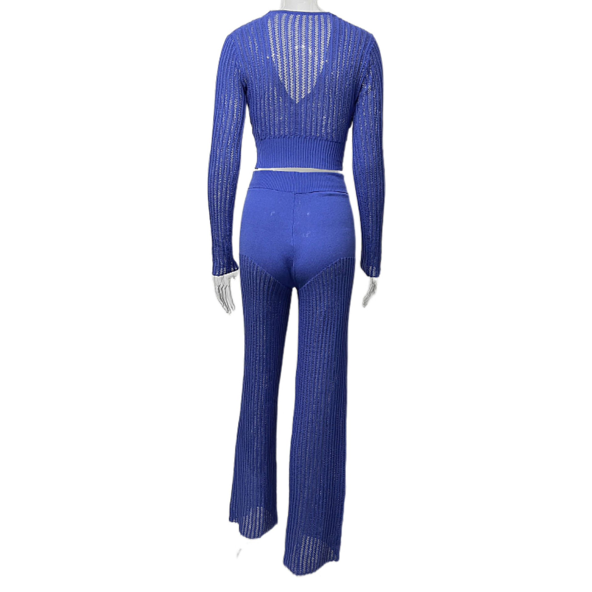 Ootddress Women Casual Knitted Sweater Outfits Buttons See-Through Long Sleeve High Waist Knit Two Piece Fashion Trousers Outfits