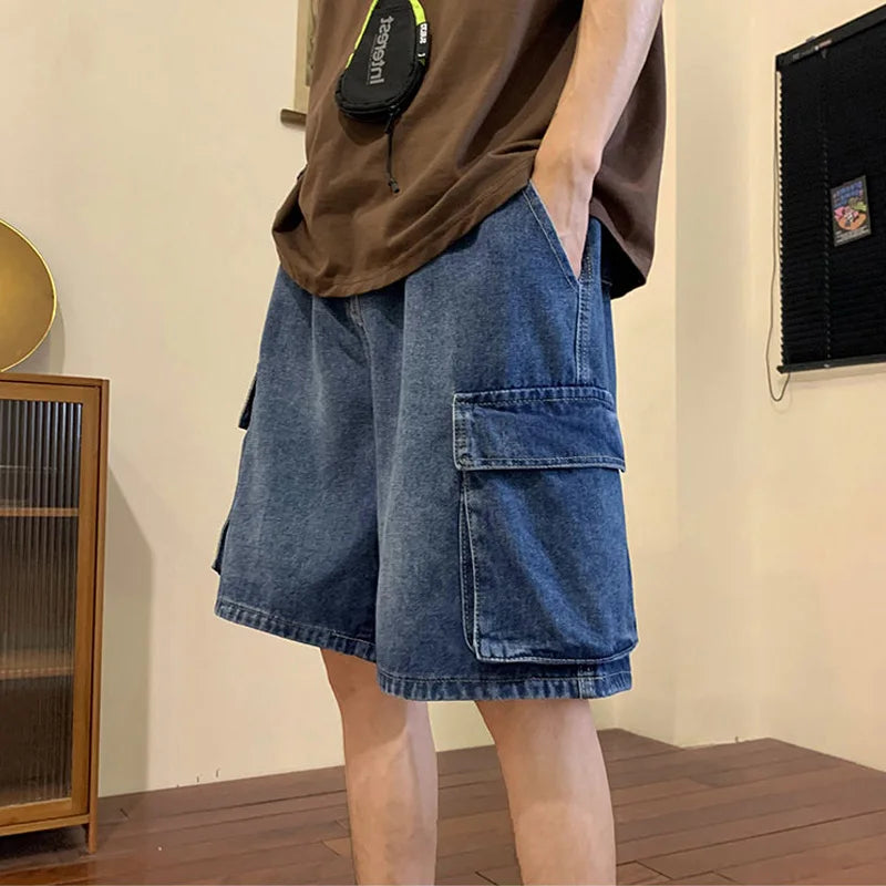 Aonga Summer Men Denim Short Streetwear Vintage Korean Harajuku Pocket Jeans Shorts Hip Hop Cargo Pants Oversized Bottoms Male Clothes 0613 aonga