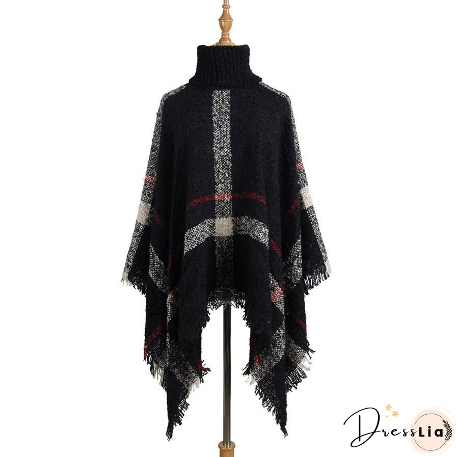 Sweater women's mid-length high collar fringe cape loose large size knit