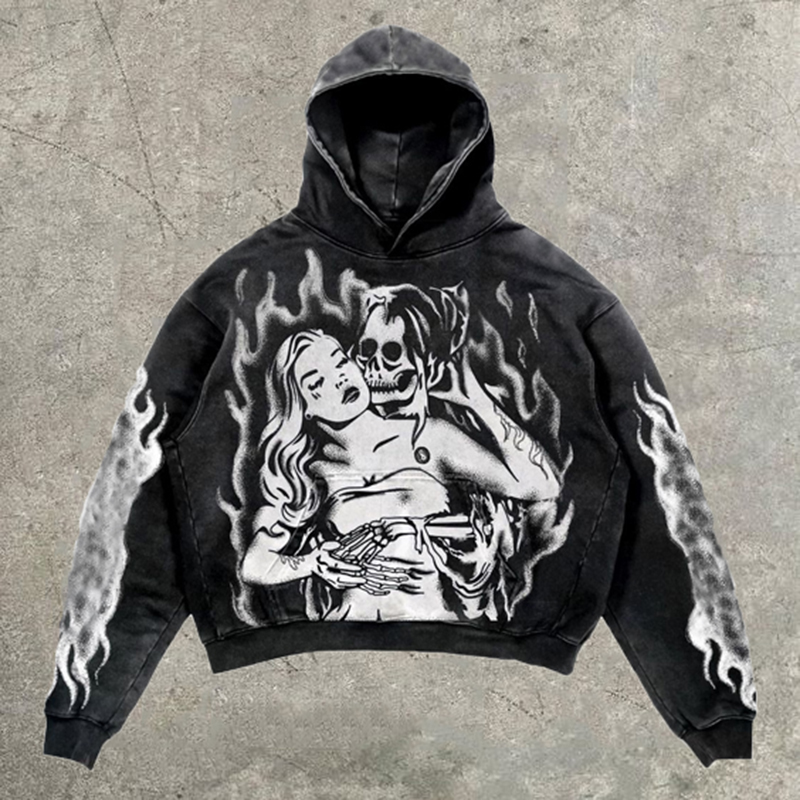 Relaxed Vintage Love Till Death Print Graphic Casual Street Washed Oversized Hoodie