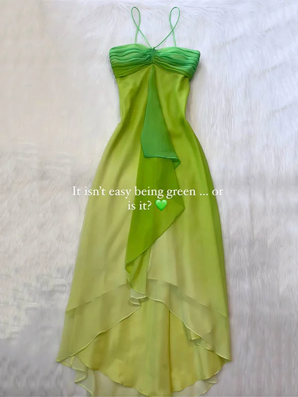 gradient Color Sleeveless ruffled Spaghtti-Neck Elegant chiffon Maxi Dresses