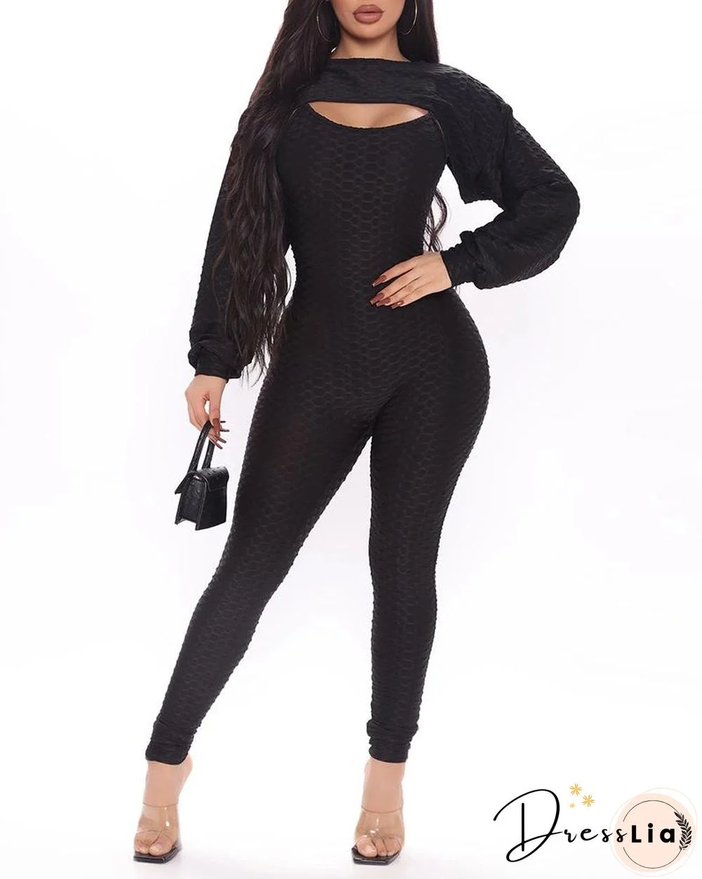 Bubble Textured Jumpsuit With Lantern Sleeve Crop Top