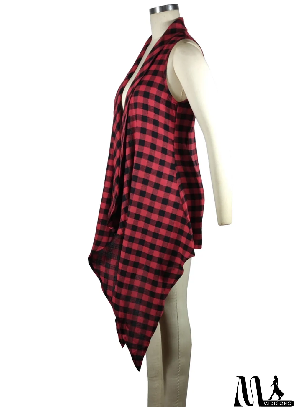 MidiSono - Spring Casual Red Plaid Cotton Irregular Long Vest Coat