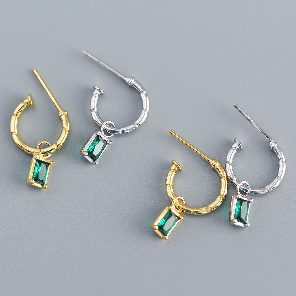 925 Sterling Silver Luxurious Circle Quadrilateral Silver Diamond Inlay Stud Earrings