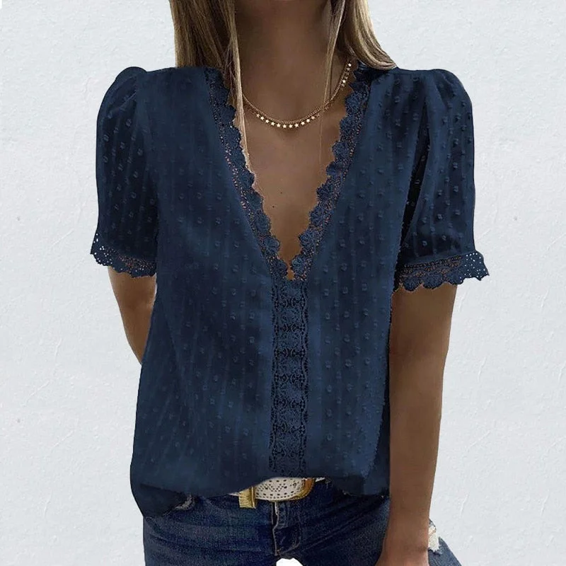 Sexy V-Neck Lace Shirt Blouse Spring Summer Short Sleeve Ladies Shirt Casual Women Solid Pullover Tops Blusa Streetwear 3XL