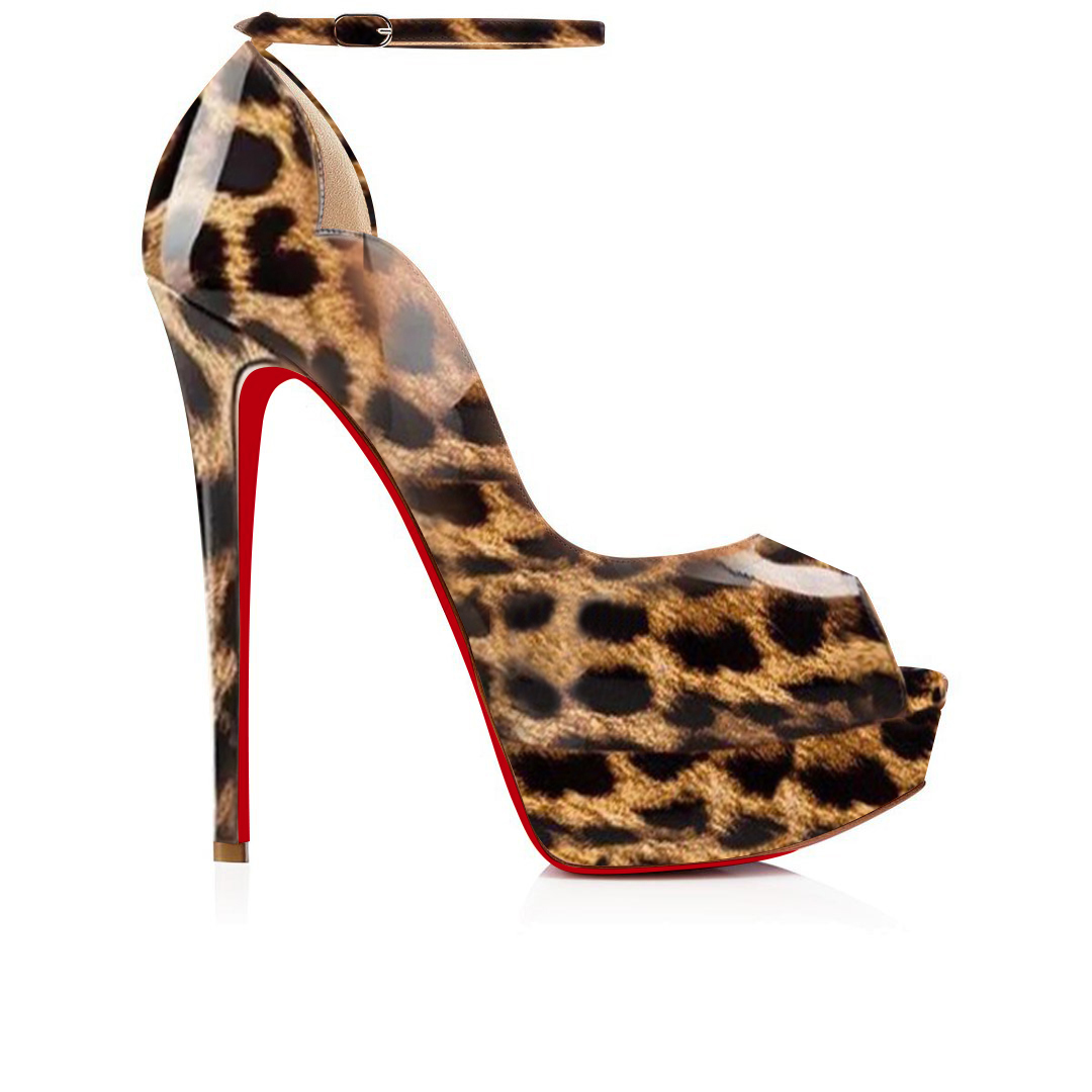 150mm  Red Bottom Sky High Platform Ankle strap Pumps Leopard Patent-MERUMOTE