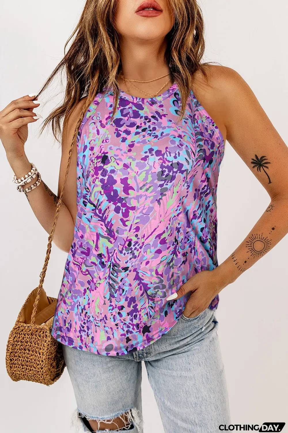 Multicolor Tropical Floral Print Racerback Tank Top