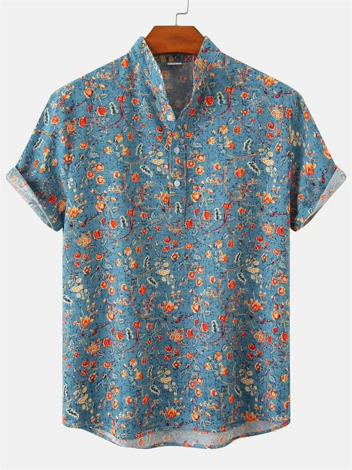 Summer New Flower Beach Short Sleeve Shirt Camouflage Printed Shirts-JRSEE