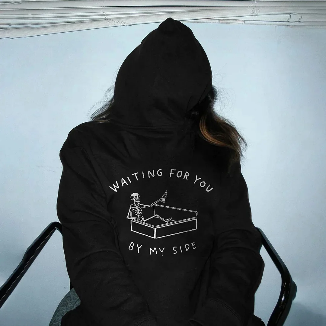 WAITING FOR YOU BY MY SIDE Skull in Coffin  Black Print Hoodie