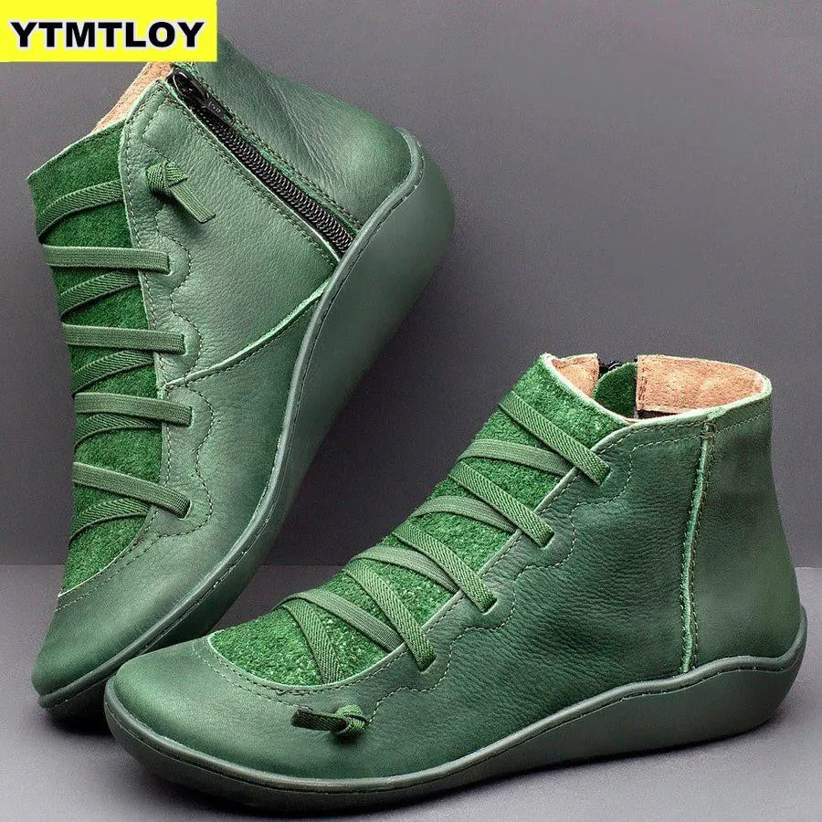 Womens Winter Snow Boots Genuine Leather Ankle Spring Flat Shoes Woman Short Brown Botas