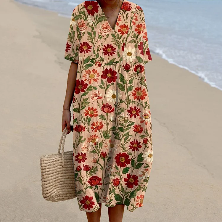 Vintage Floral Ethnic Linen Blend Maxi Dress