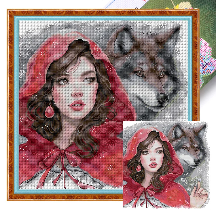Joy Sunday- Red girl and big bad wolf- 14CT - 2 Strands Threads Printed Cross Stitch - 36*36cm(Canvas)