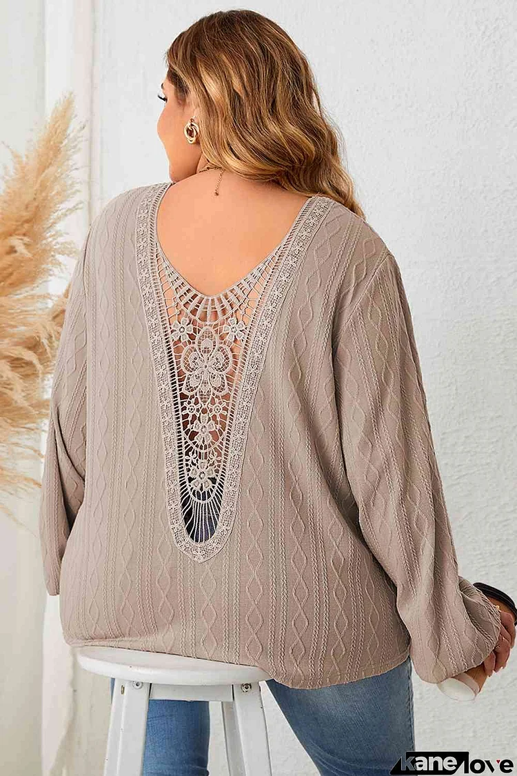 Plus Size Lace Detail V-Neck Long Sleeve Blouse