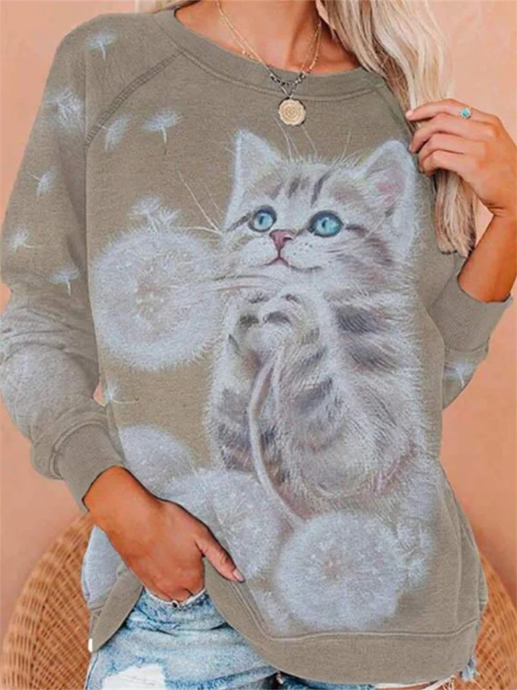 Lovely Cat With Dandelions Graphic Pullover