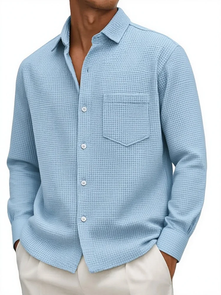 Men's Summer Loose Casual Waffle Solid Color Button Long Sleeve Shirt