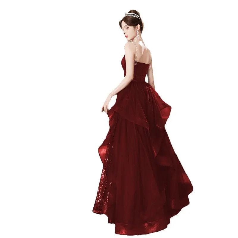 Brownm Hanging Toasting Bride High Feeling Light Luxury Small High-End Wedding Dinner Wine Red Engagement Evening Dress Dress Girl
