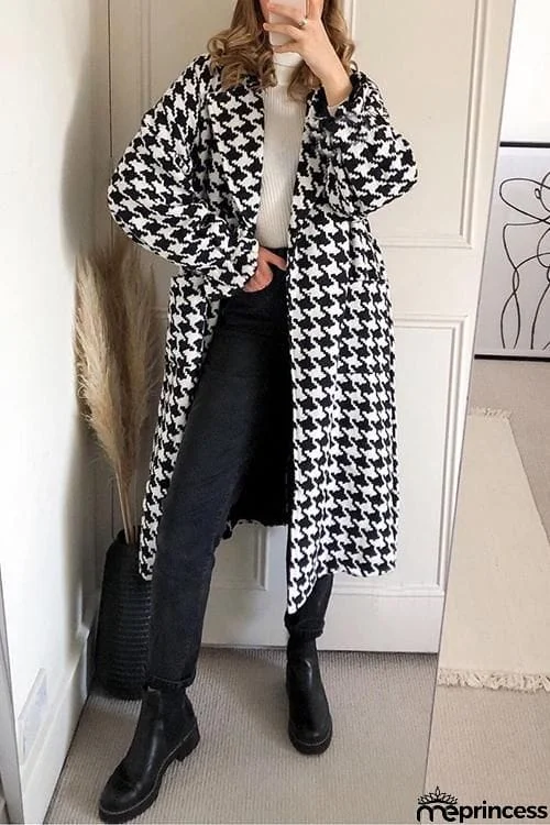 Houndstooth Lapel Woolen Coat